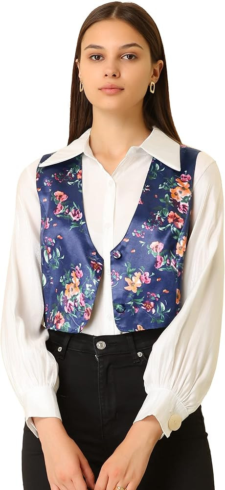 Allegra K Women's Floral Pattern Vest Fashion Button Closure Cropped Satin Dressy Waistcoat Vest | Amazon (US)