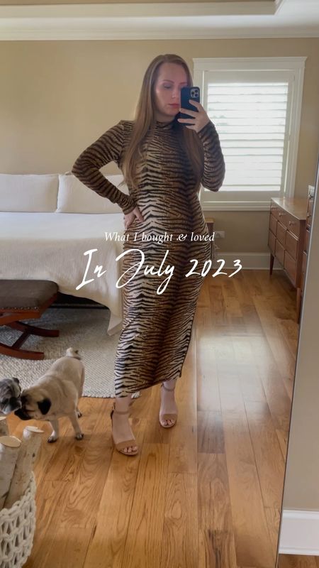 Now that I don’t have to hide my baby bump anymore, I’m excited to try and bring back this series as a monthly round-up instead of seasonal. What do you think?

This month is particularly good! Absolutely nothing I’m sharing is maternity but all 🤰🏼friendly! 

What I bought & loved in July 2023:

- Tiger Print Dress ($24). I cannot say enough good things about this dress. It’s stretchy but supportive. BEYOND flattering. And was the perfect thing to wear to @beyonce two weeks ago!
- The Drop Sweater Set ($88). I got this sweater set on Prime Day for $62. I’m already in love. I bought up a few sizes and plan to wear it through my pregnancy and postpartum. It’s soft and the print will be great for hiding stains when baby #2 comes 😜
- Apple Watch Ankle Band ($11). I got this idea from History in High Heels since I’m often taking walks with the stroller and not feeling like my watch is accurately measuring my steps. I earned them, after all! So far this has been great and works well for those of you with walking desk pads too!
- Fall Stripe Sweater ($37 but 30% off coupon). This sweater has me craving crispy fall days already. The stripes and neutral color are perfect for so many outfits. And while it’s too hot to eat any sweaters right now, it looks damn good draped over my shoulders with a tank dress too 💪🏻
- Seed to Skin Dew Mask c/o ($141). I have been obsessed with Seed to Skin for nearly four years now. This is by far the most luxurious, completely clean beauty brand you’ll find. Made with ingredients grown right on their Tuscan property. So naturally I was over-the-moon when they sent me this Dew Mask to try during my pregnancy. The consistency is luxurious and moisturizing without being sticky. And I can’t wait to use it into fall as my skin gets drier from weather and third trimester hormones 🤍🫠

#LTKbump #LTKFind #LTKbeauty