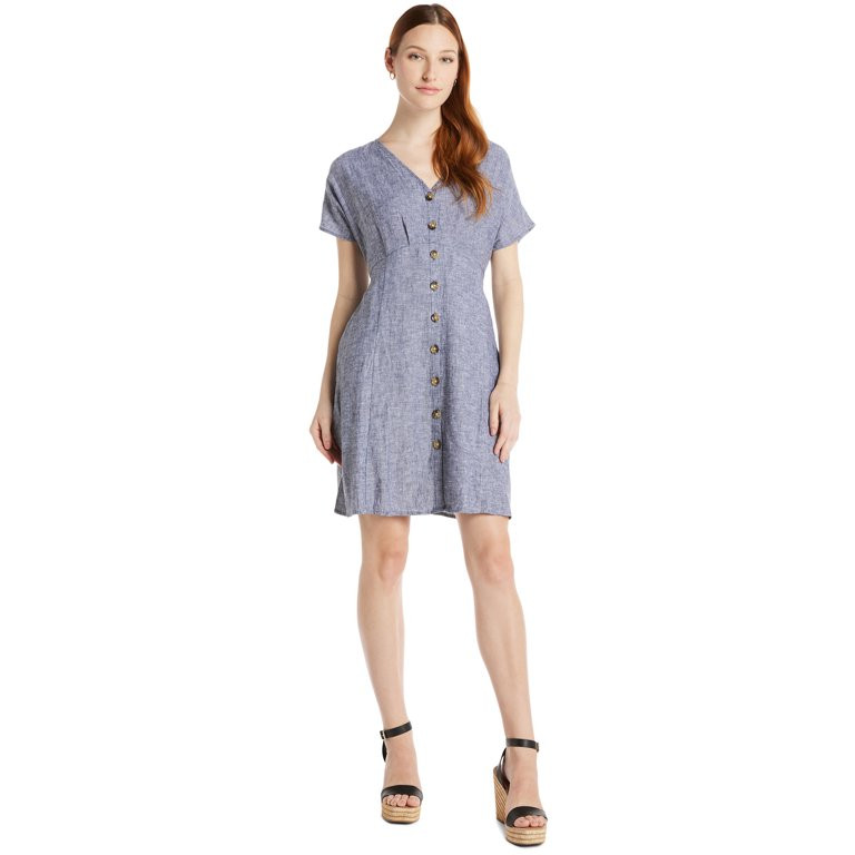 Time and Tru Women's Linen Blend Button Front Mini Shirt Dress, Sizes XS-XXXL | Walmart (US)