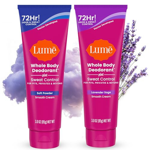 Lume Whole Body Deodorant Plus Sweat Control - Smooth Cream Tube - 72 Hour Odor And Sweat Control - Baking Soda Free, Skin Loving - 3.0 ounce (Pack of 2) (Soft Powder & Lavender Sage) | Amazon (US)