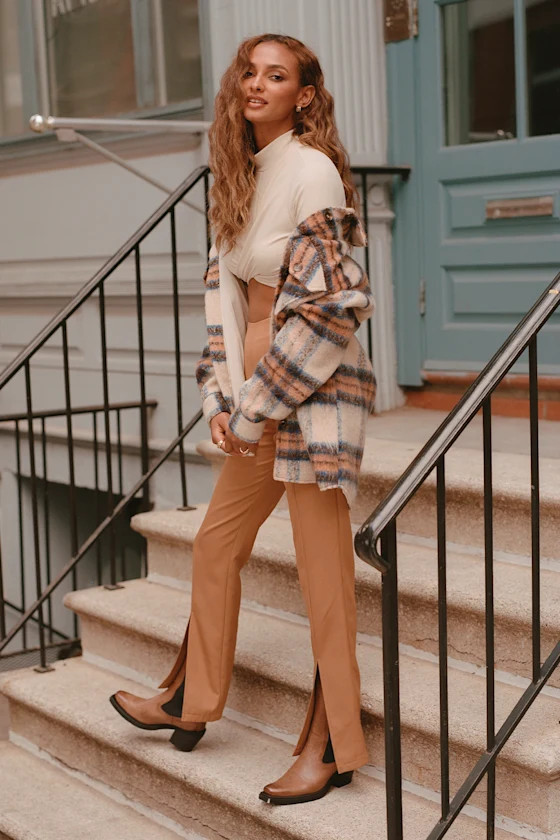 Minding My Business Camel High-Rise Split Hem Trouser Pants | Lulus (US)