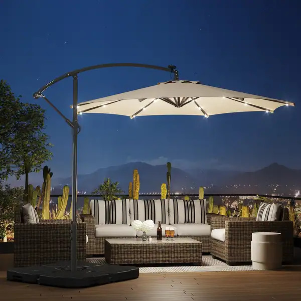 10 Ft. Solar Power Lighted Patio Umbrella with Base Stand - Beige | Bed Bath & Beyond