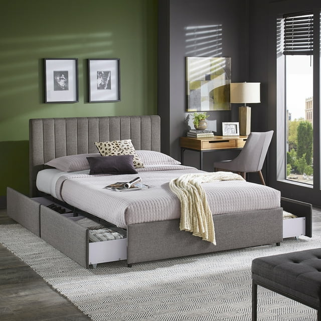 Weston Home Gaylen Grey Linen Upholstered Storage Platform Queen Bed with Channel Headboard | Walmart (US)