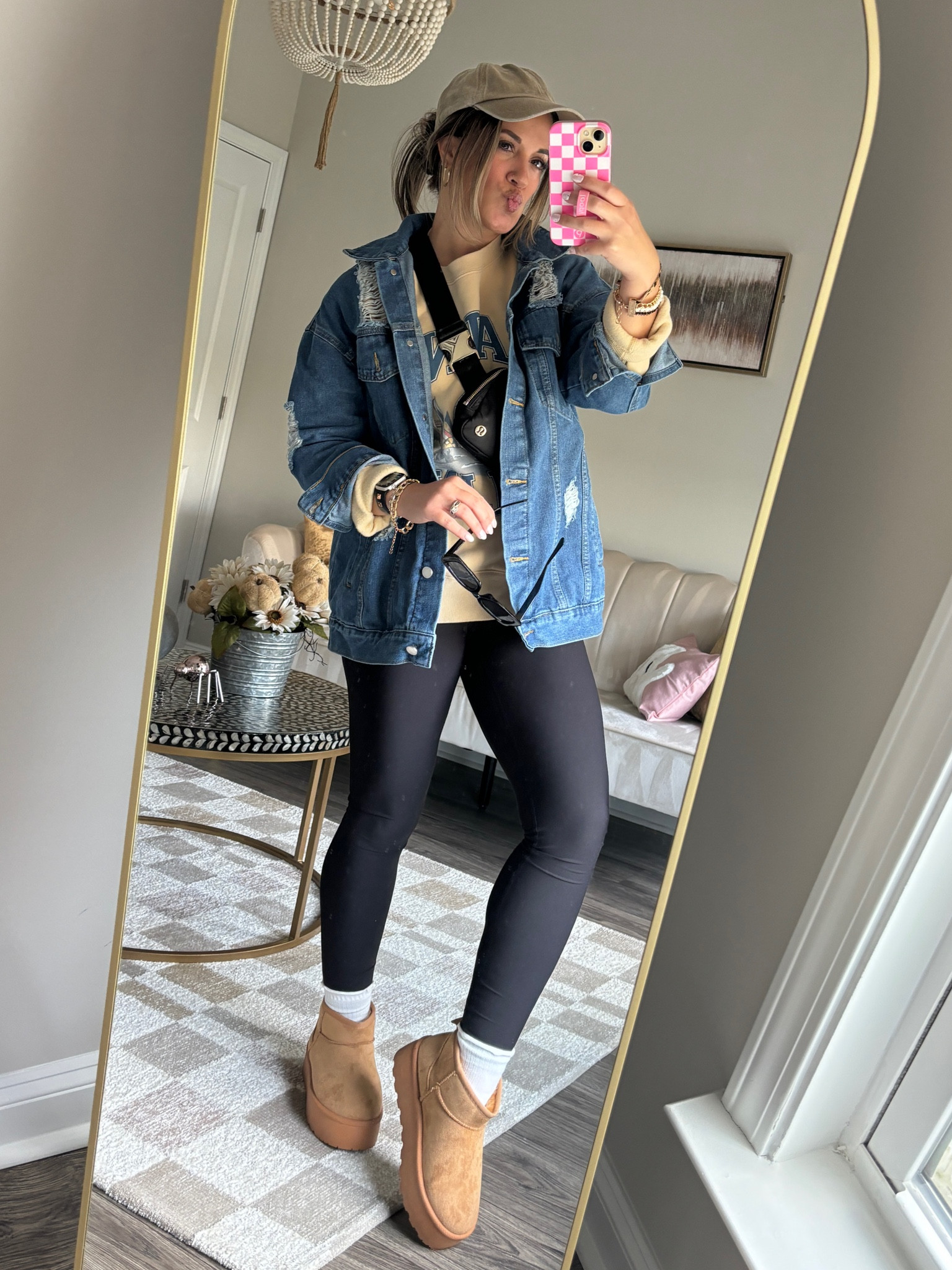 Putting together fall outfits is my favorite 🤩 My exact sweatshirt is a last year Abercrombie and not available, but I linked the cutest lookalike option!

Fall outfit, autumn style, crew neck sweatshirt, denim jacket, leggings, belt bag, mom ootd, platform ugg boots, lace socks 

#LTKFindsUnder50 #LTKSeasonal #LTKStyleTip