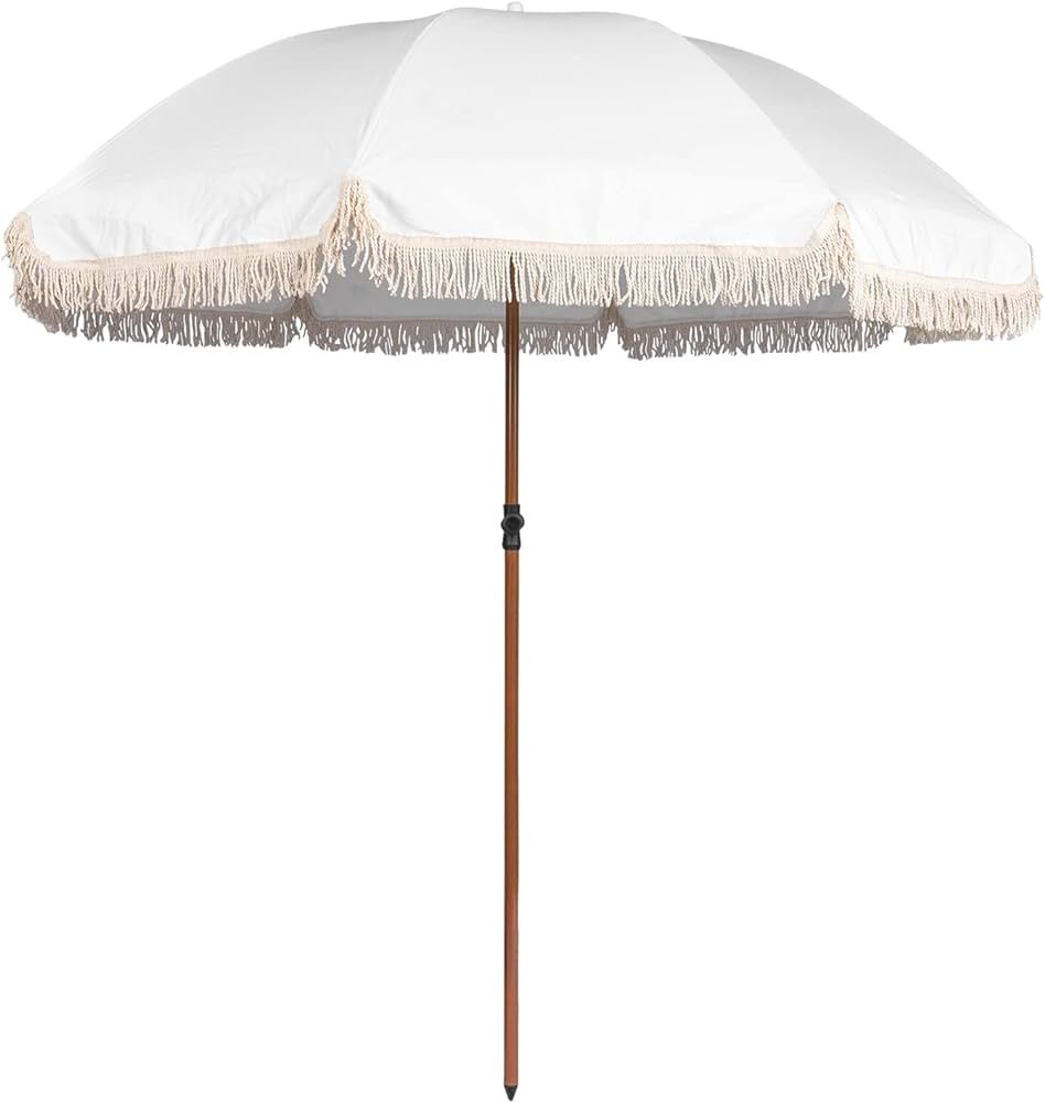 7.5Ft Patio Beach Umbrella with Fringe, Tassel Umbrella UPF50+ with Push Botton Tilt & Crank, Hol... | Amazon (US)