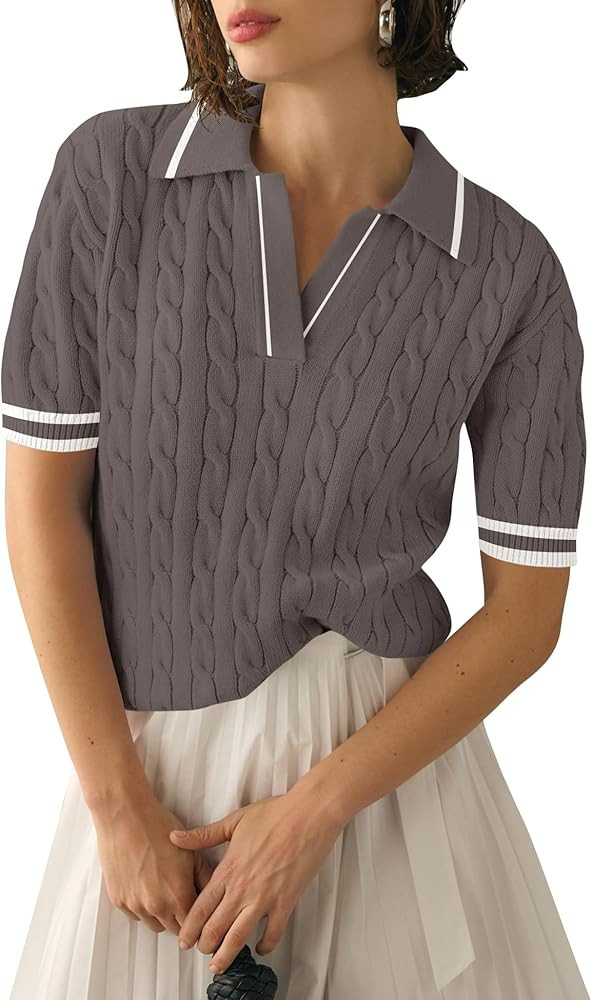 Micoson Womens Short Sleeve Lightweight Sweater Tops Lapel V Neck Cable Knit Polo Shirts Summer L... | Amazon (US)