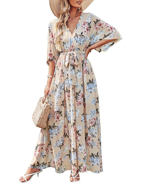ANRABESS Women’s Summer Loose Boho Flowy Wrap V Neck 3/4 Sleeve Floral Print Slit Beach Wedding... | Amazon (US)