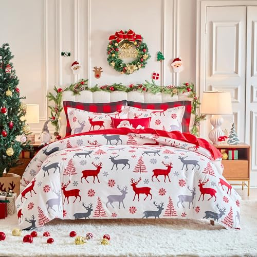 Christmas White Duvet Cover Set King Size with Red Gray Deers Snowflake and X-mas Trees Holiday S... | Amazon (US)