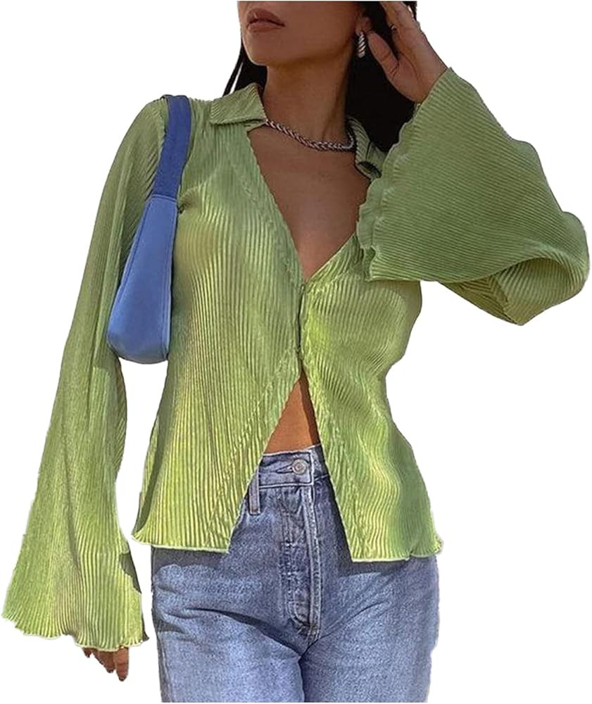 LYANER Women's Deep V Neck Button Front Bell Long Sleeve Blouse Shirt Top | Amazon (US)