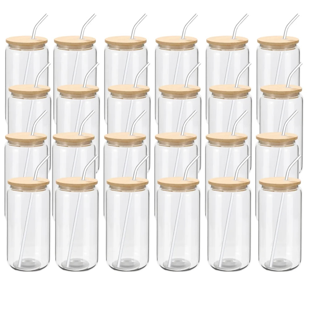 24 Pack Beer Glass Cups with Bamboo Lids and Glass Straws Beer Can Shaped Drinking Glasses Cups 1... | Walmart (US)