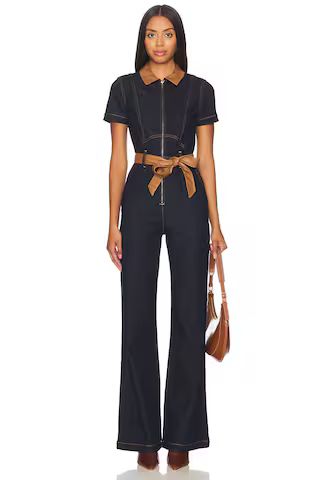 Alice + Olivia Gorgeous Wide Leg Jumpsuit in Dark Rinse from Revolve.com | Revolve Clothing (Global)