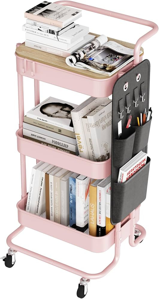 DTK 3 Tier Metal Utility Rolling Cart with Table Top and Side Bags, Metal Tray Storage Organizer ... | Amazon (US)
