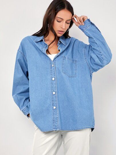 SHEIN BASICS Stone Wash Button Up Boyfriend Denim Blouse | SHEIN