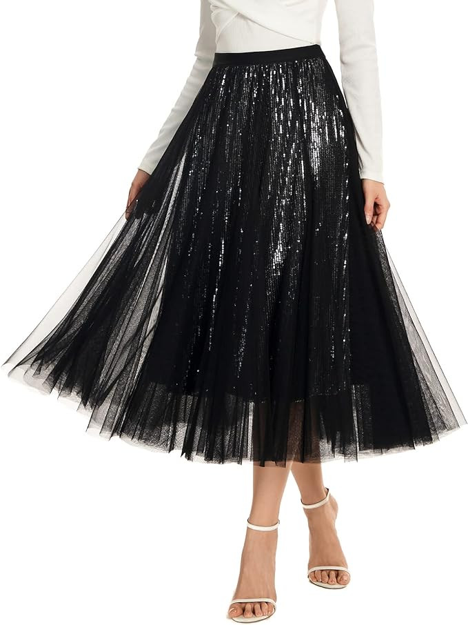 Sequin Long Tulle Skirt Layered Flowy Fairy Sparkle Party Mesh Tea Length Big Hem Skirts for Wome... | Amazon (US)