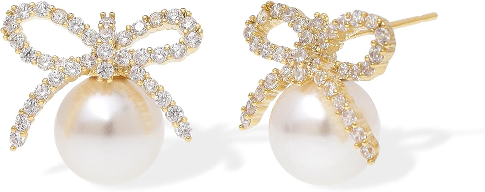 Jean Beau Pearl Bow Stud Earrings for Women, Christmas Dainty Pearls Cubic Zirconia Heart Earring... | Amazon (US)