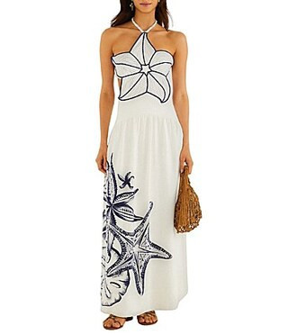 Farm Rio Off-White Coast Stars 3D Bodice Halter Neck Sleeveless Maxi Dress -  L | Dillard's