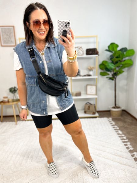 Styling my new v neck tee from men’s section at Target!  Only $8 and comes in lots of colors! XL denim vest. Large biker shorts. Vans run tts  

#LTKMidsize #LTKFindsUnder50 #LTKSeasonal