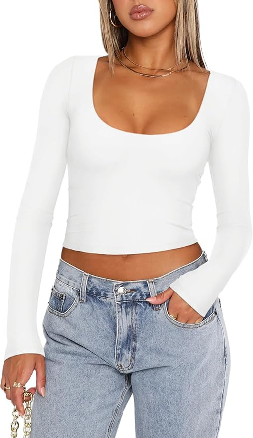 REORIA Women's 2024 Fall Basic Crop Tops Fitted Long Sleeve Scoop Neck Double Lined Shirts Fashio... | Amazon (US)