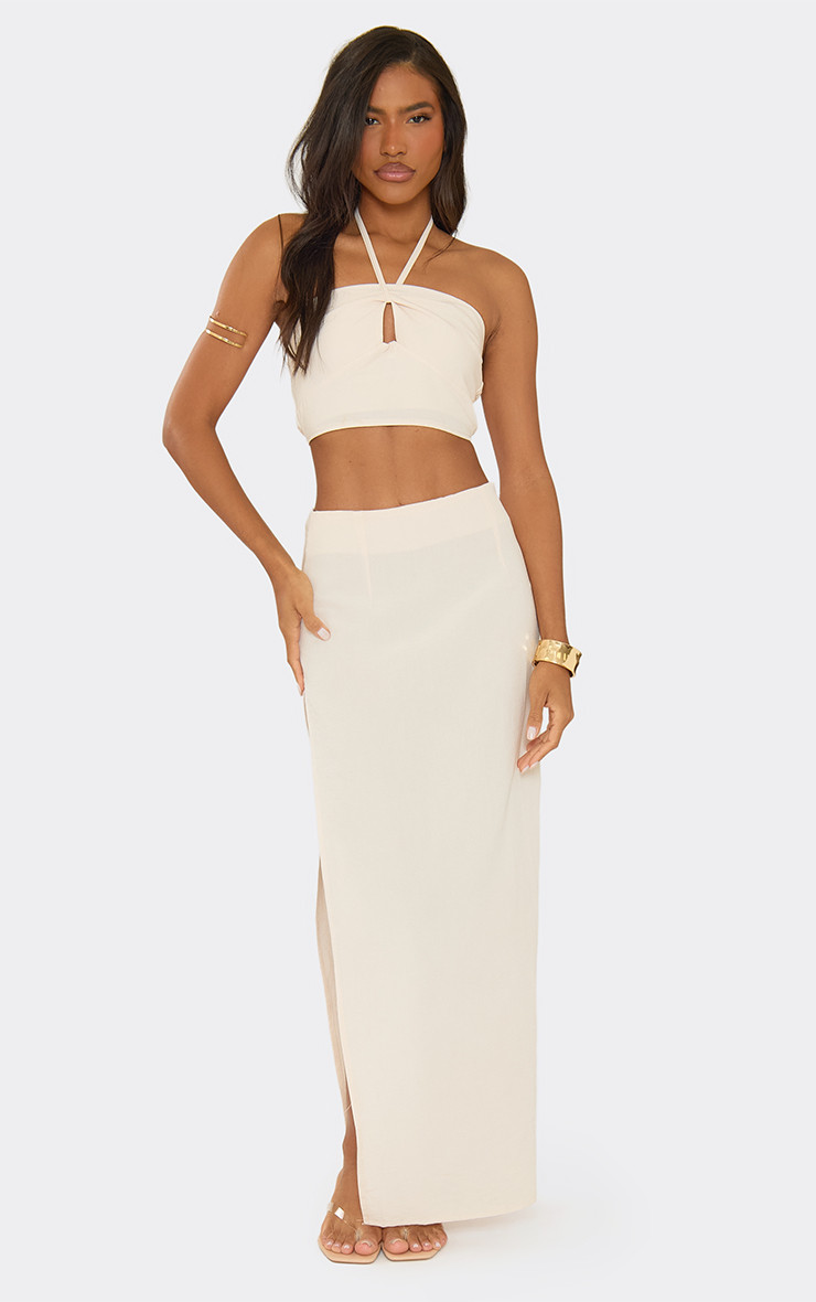 Mid Rise Split Leg Maxi Skirt In Stone Linen Look | EGO (UK)