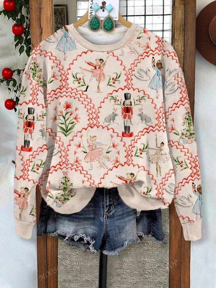 2025 Christmas Nutcracker Random Print Women's Oversized Spring And Autumn Fashion Casual Christmas Long Sleeve Sweatshirt | SHEIN
