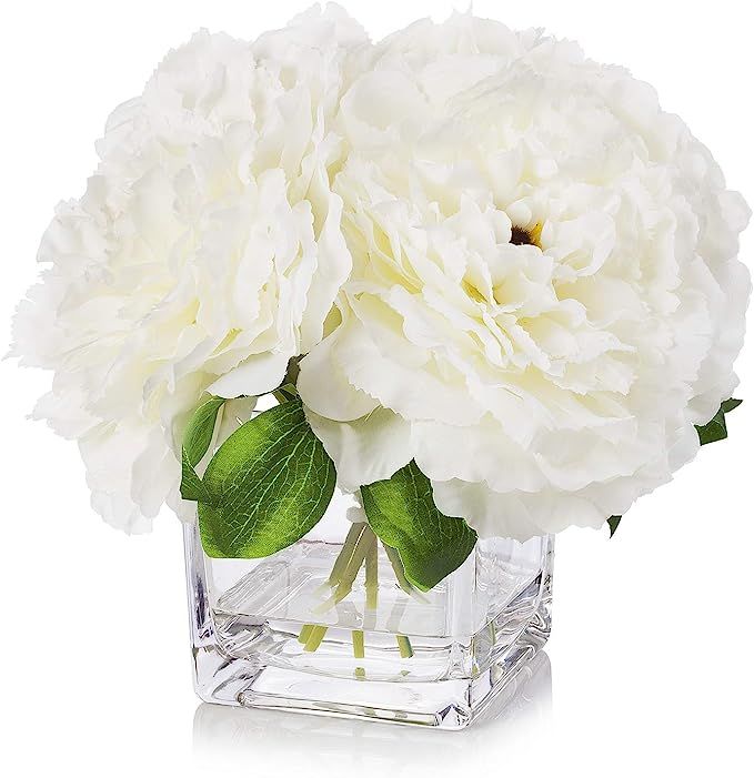 Enova Home Silk Peony Flowers Arrangements in Cube Glass Vase with Faux Water for Home Table Wedd... | Amazon (US)