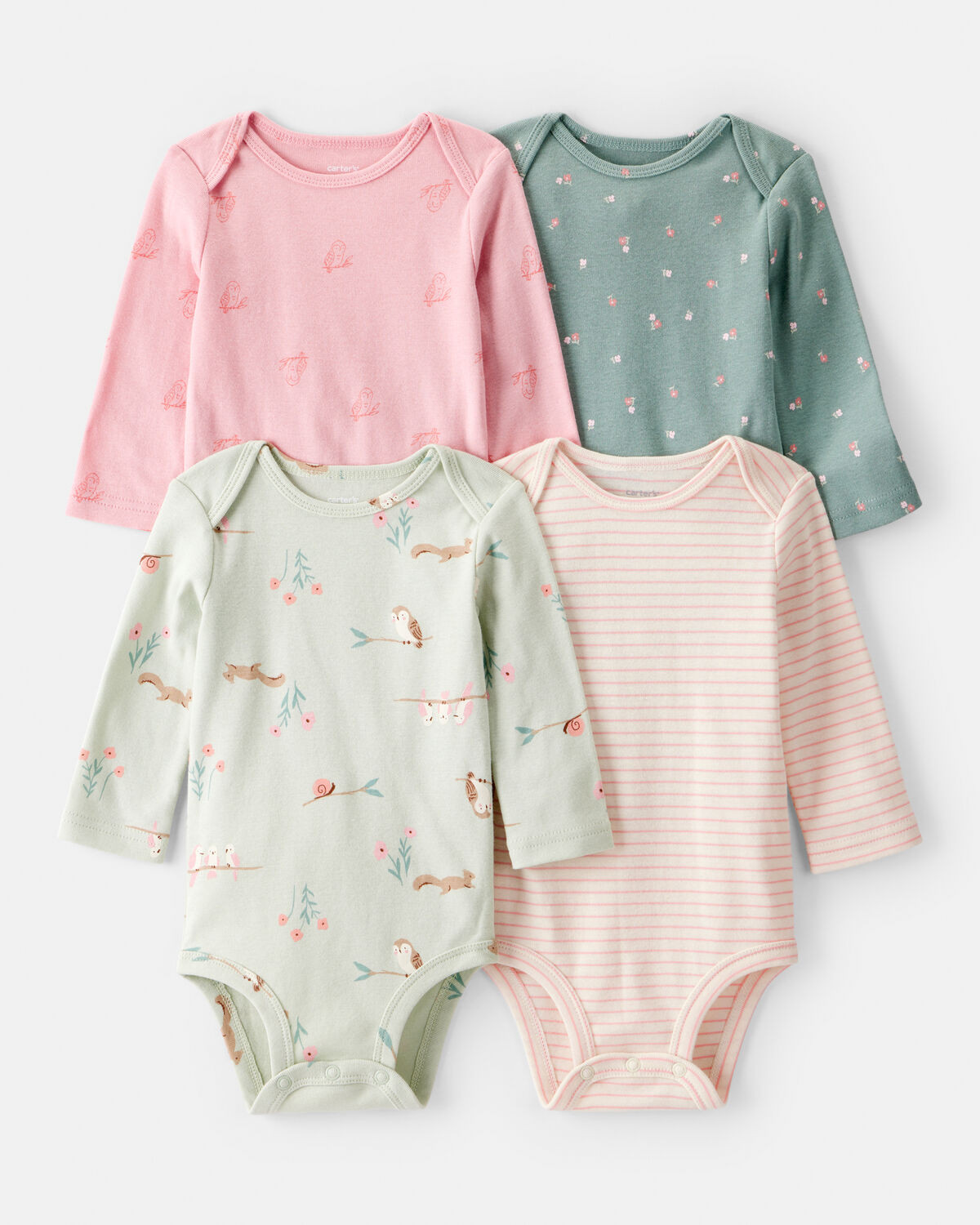 Baby Girl 4-Pack Owl Print Cotton Long-Sleeve Multipack Bodysuits - Green/Pink/White(4.9)4.9 out ... | Carter's Inc