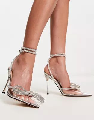 Public Desire Midnight heeled shoes with crystal bow detail in silver | ASOS (Global)