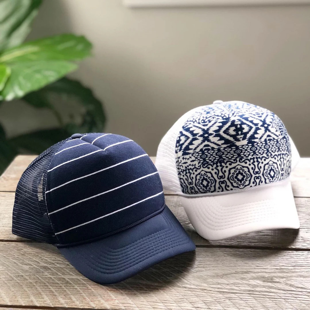 Striped hat, striped navy hat, striped trucker hat, womens hat, navy hat, navy fashion, gift for ... | Etsy (US)