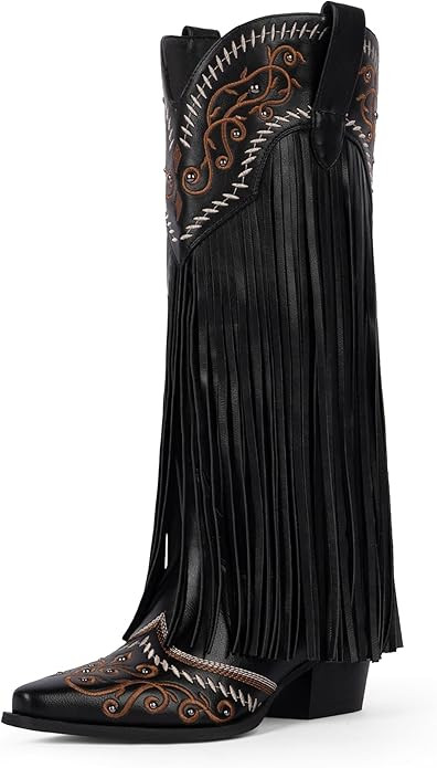 Modatope Cowboy Boots for Women Fringe Knee High Boots Embroidered Cowgirl Western Pointed Toe Ch... | Amazon (US)