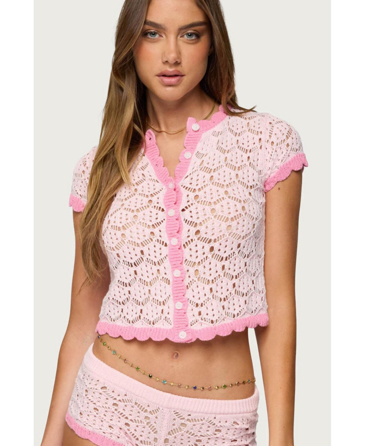 Edikted Women's Elisa Open Knit Button Up Top - Light-pink | Macy's