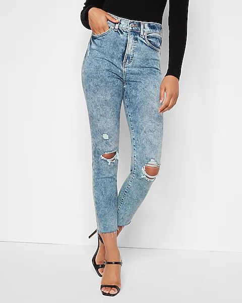 Conscious Edit Super High Waisted Medium Wash Ripped Slim Jeans | Express