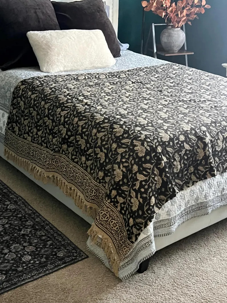 Block Print Throw Blanket With Tassels Handmade Throw Blanket Couch Sofa Throw Boho Blanket for B... | Etsy (US)