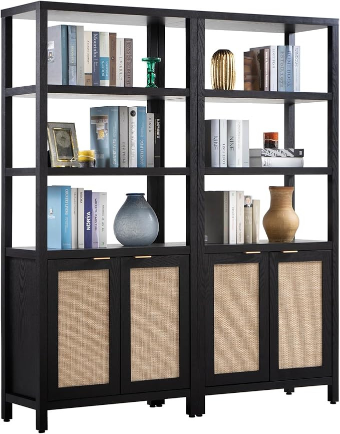 SICOTAS Bookshelf 5 Tier Book Shelf Rattan Boho Tall Bookcase with Doors Storage Wood Shelves Lar... | Amazon (US)