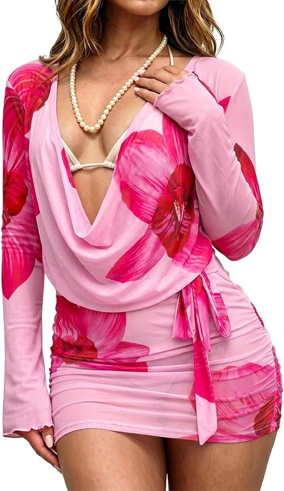 Womens Bathing Suits Cover Up Dress Draped Neck Tie Waist Floral Print Coverup Swimsuits Mesh Swi... | Amazon (US)