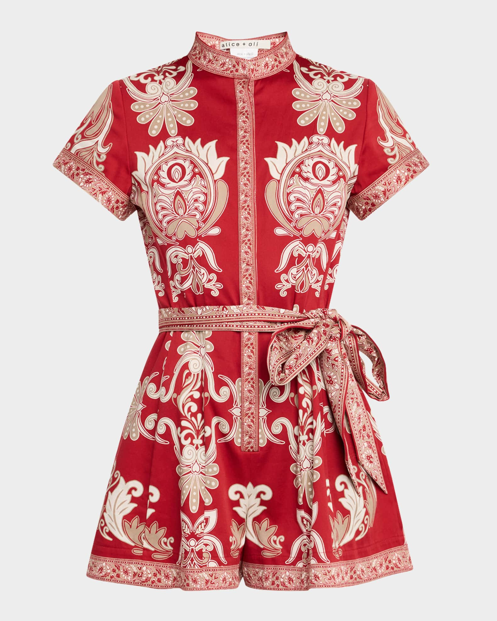 Lucy Roll-Sleeve Button-Front Romper | Neiman Marcus