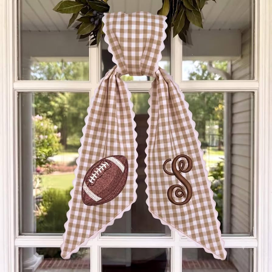 Embroidered Football Monogram Wreath Sash, Tan Checkered Fall Porch Decor | Amazon (US)