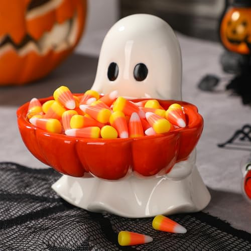 Reallnaive Halloween Candy Bowl Ghost Shaped Ceramic Candy Dish Ghost Serving Tray Cute Halloween Tabletop Decoration Cookie Jar for Party Supply | Amazon (US)