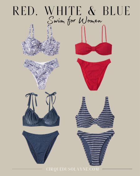 Fourth of July swimwear for women. Red, white and blue swimwear for women. Abercrombie swimwear. Summer outfits 2023. Beach outfits. What to wear on vacation. Summer style. Navy swimsuits. Red swimsuit. Red bikini. Blue bikini. 

#LTKstyletip #LTKswim #LTKunder50