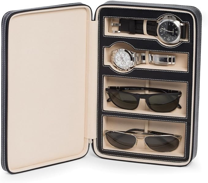 Bey Berk Black Leather Two Watch and Two Eyeglasses Holder Storage Travel Case | Amazon (US)