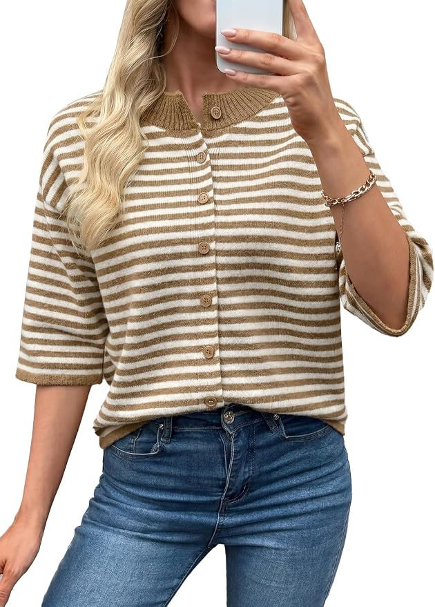 EVALESS Womens Cardigan 3/4 Sleeve Button Knit Tops | Soft Fuzzy Texture Womens Sweaters, Open Fr... | Amazon (US)