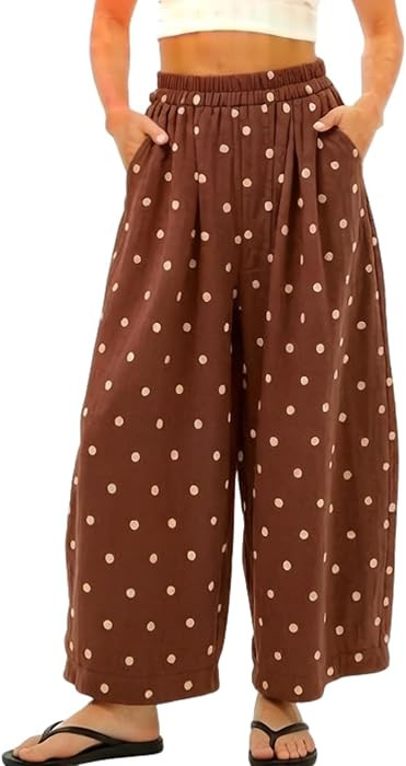 chouyatou Women Summer Boho Cotton Linen Polka Dot Pants Beach Elastic Waist Palazzo Wide Leg Bar... | Amazon (US)