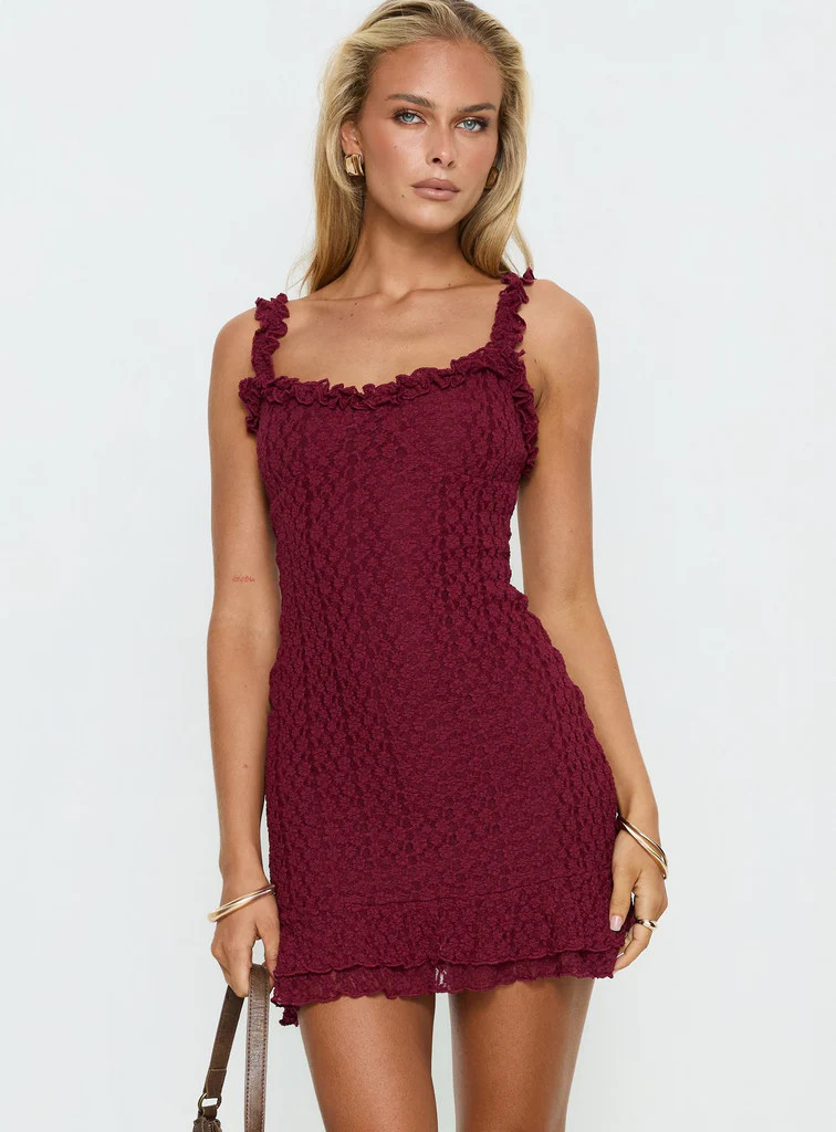 Steffi Frill Lace Mini Dress Burgundy | Princess Polly US
