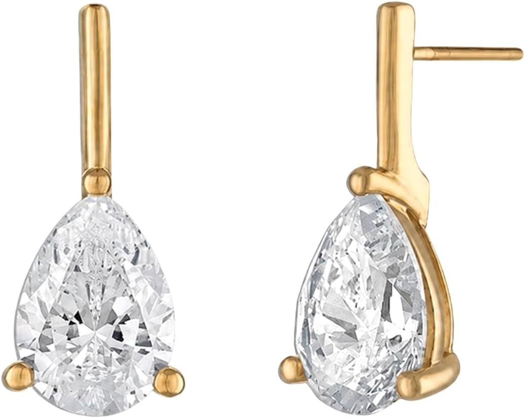 Celine Stud Earrings | 18k Gold Pear Cut CZ Drop Earrings for Women, Gold Plated Cubic Zirconia Teardrop Dangle Earrings (6x8) | Amazon (US)