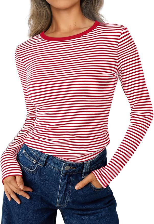 Trendy Queen Womens Long Sleeve Striped T-Shirts Crewneck Neck Tops Slim Fit Fall Fashion Trendy ... | Amazon (US)