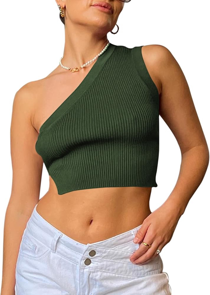 SAFRISIOR Women One Shoulder Backless Knitted Crop Top Sexy Sleeveless Strappy Open Back Cami Tan... | Amazon (US)