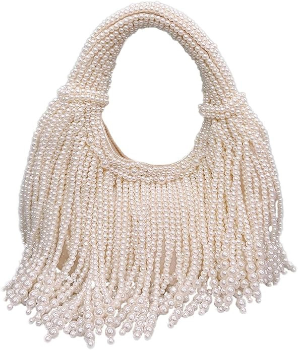 Women Pearl Beaded Clutch Purse Luxury Crescent Tassel Evening Handbag for Wedding Party Prom | Amazon (US)