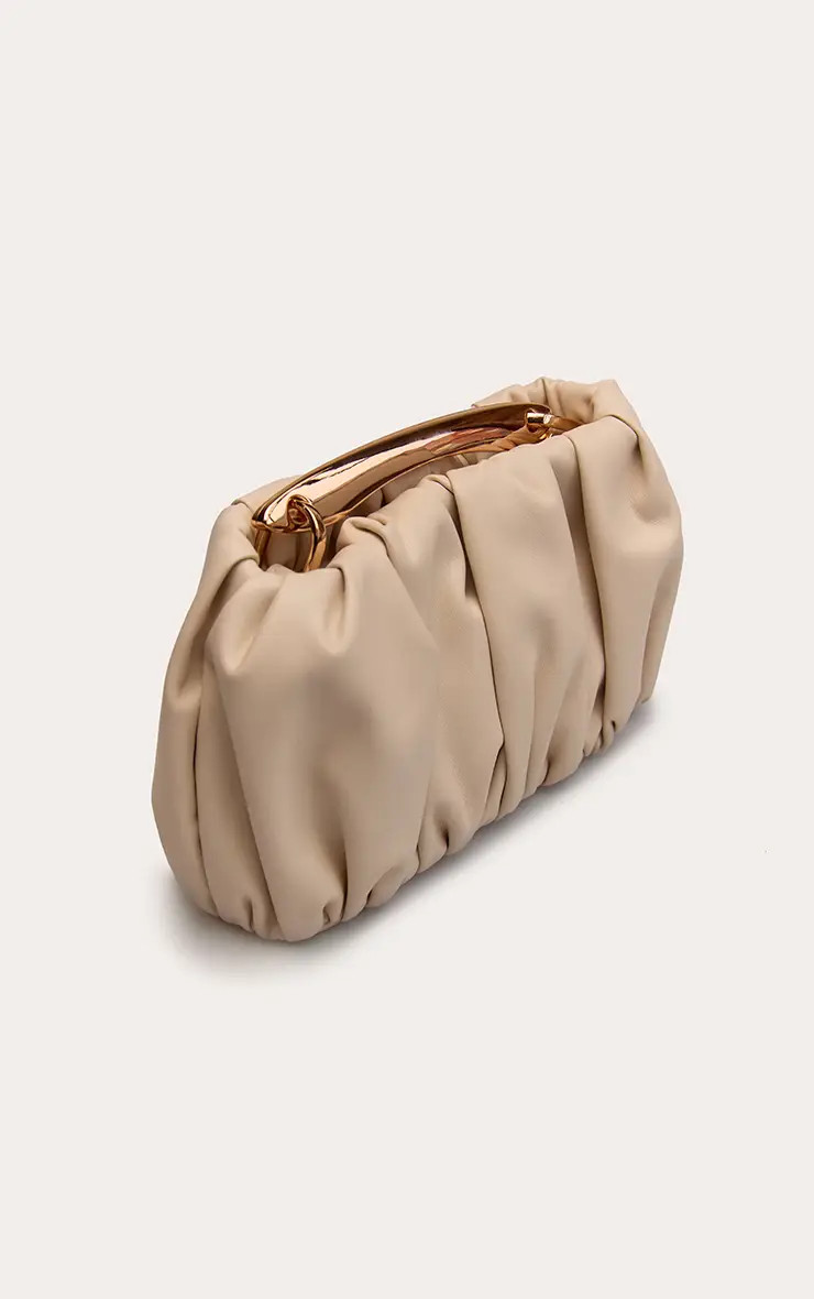 Cream Faux Leather Ruched Gold Hardware Handbag | PrettyLittleThing USA | PrettyLittleThing US