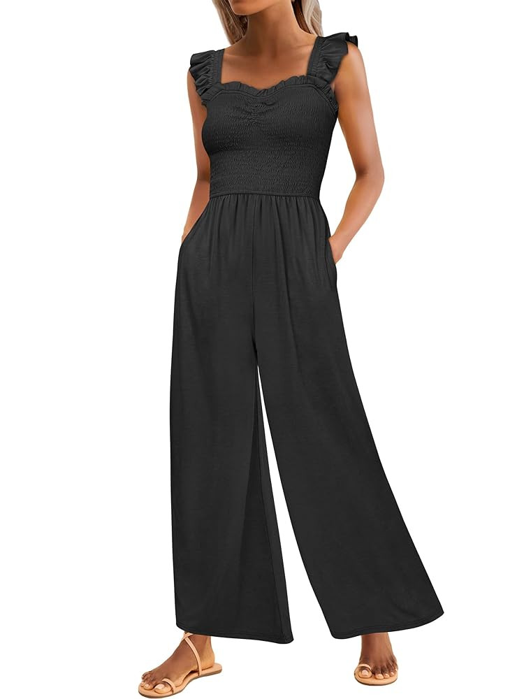 Caracilia Womens Jumpsuit Sleeveless Casual Dressy Smocked Wide Leg Rompers Summer Vacation Jumpe... | Amazon (US)
