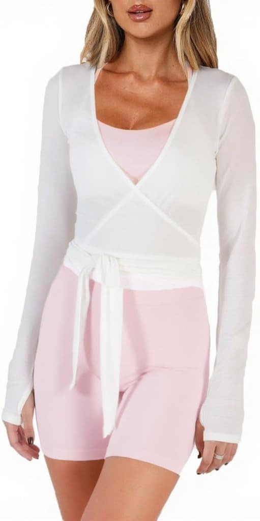 Women Crop Wrap Top Thumb Hole Long Sleeve Active Self Tie Workout Shirt Ballet Pilates Yoga Wrap... | Amazon (US)