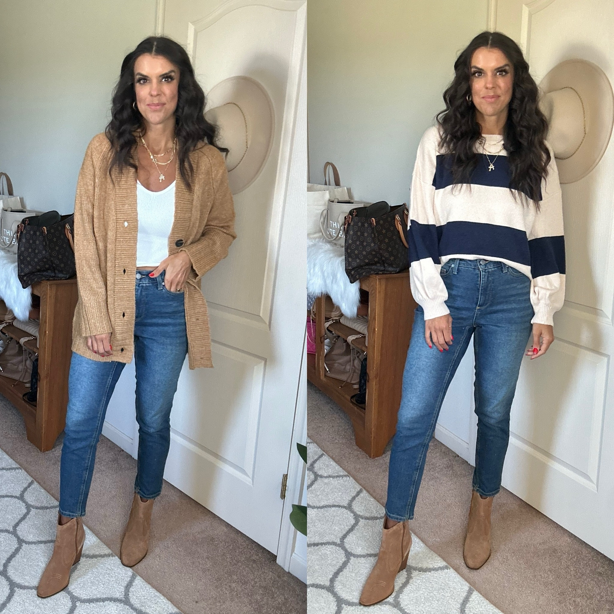 Size small in both of these Walmart sweaters. Size 2 in Walmart jeans 
Size up in Amazon boots if in between sizes 

#LTKSaleAlert #LTKStyleTip #LTKFindsUnder100